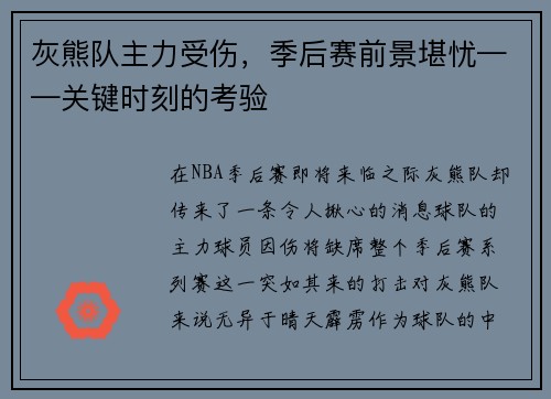灰熊队主力受伤，季后赛前景堪忧——关键时刻的考验